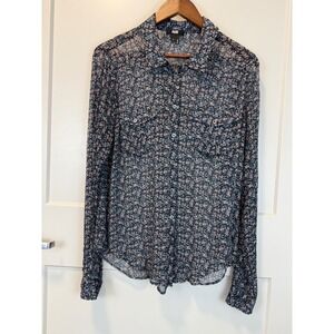 Paige 100% Silk Chiffon Sheer Floral Button Up Blouse Size L Black Blue Pink